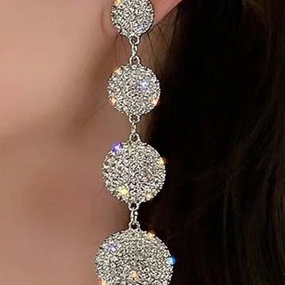 gold or silver toned Women's Luxury Rhinestone Round Long dangling Earrings - Picture 1 of 10